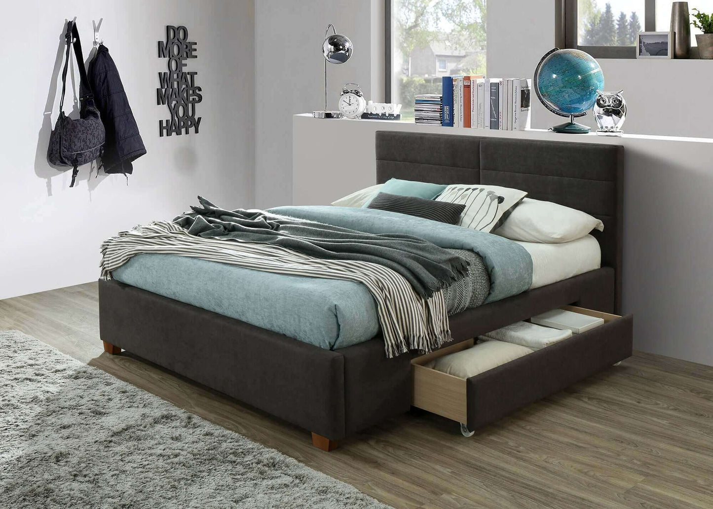 Emilio Platform Bed w/Drawer in Charcoal or Light Grey Fabric