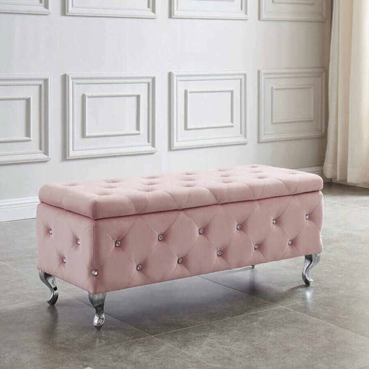 Monique Rectangular Storage Ottoman Bench in Blush Pink and Chrome