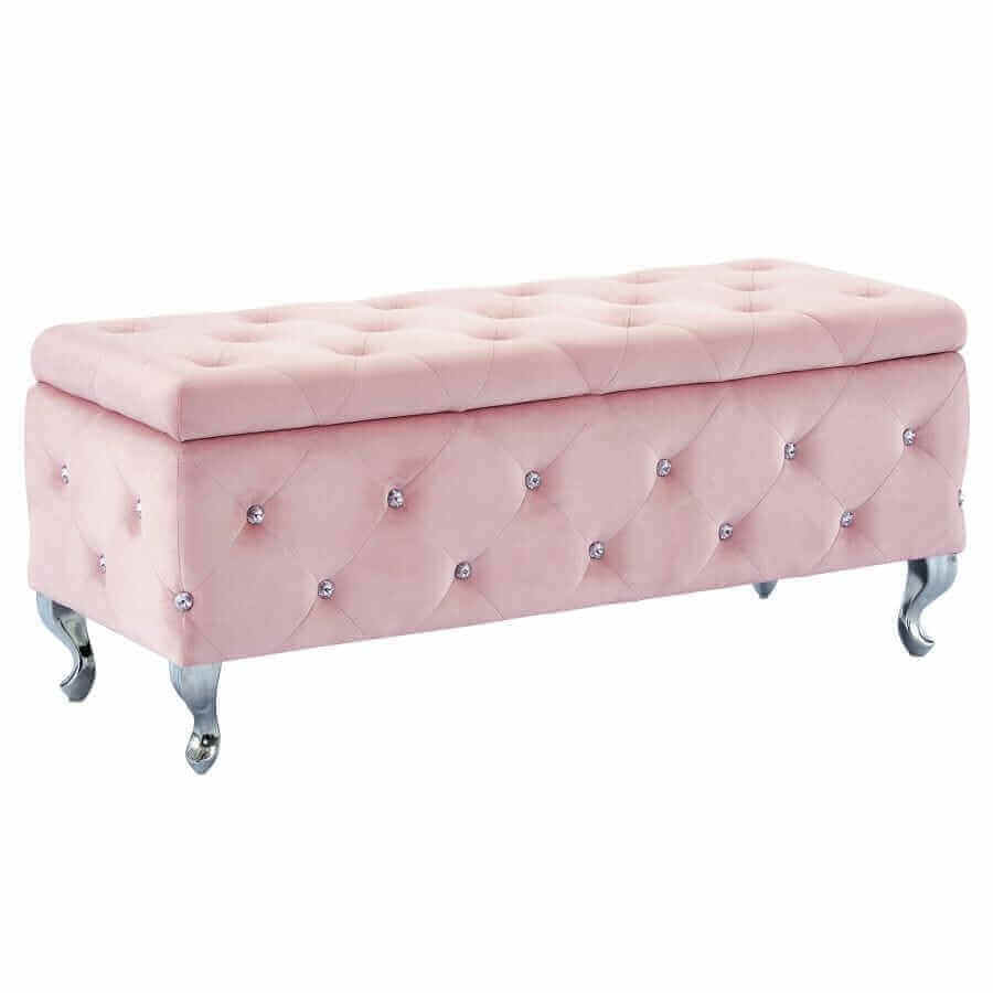 Monique Rectangular Storage Ottoman Bench in Blush Pink and Chrome