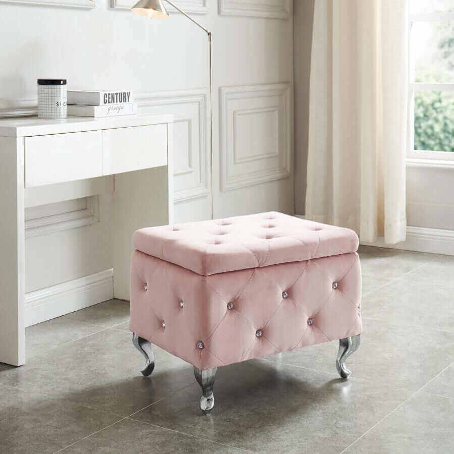 Monique Square Storage Ottoman in Blush Pink and Chrome