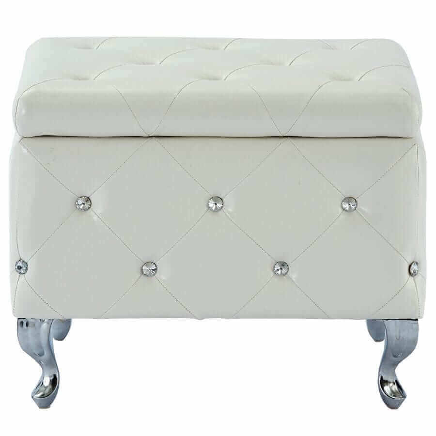 Monique Rectangular Storage Ottoman Bench in White and Chrome