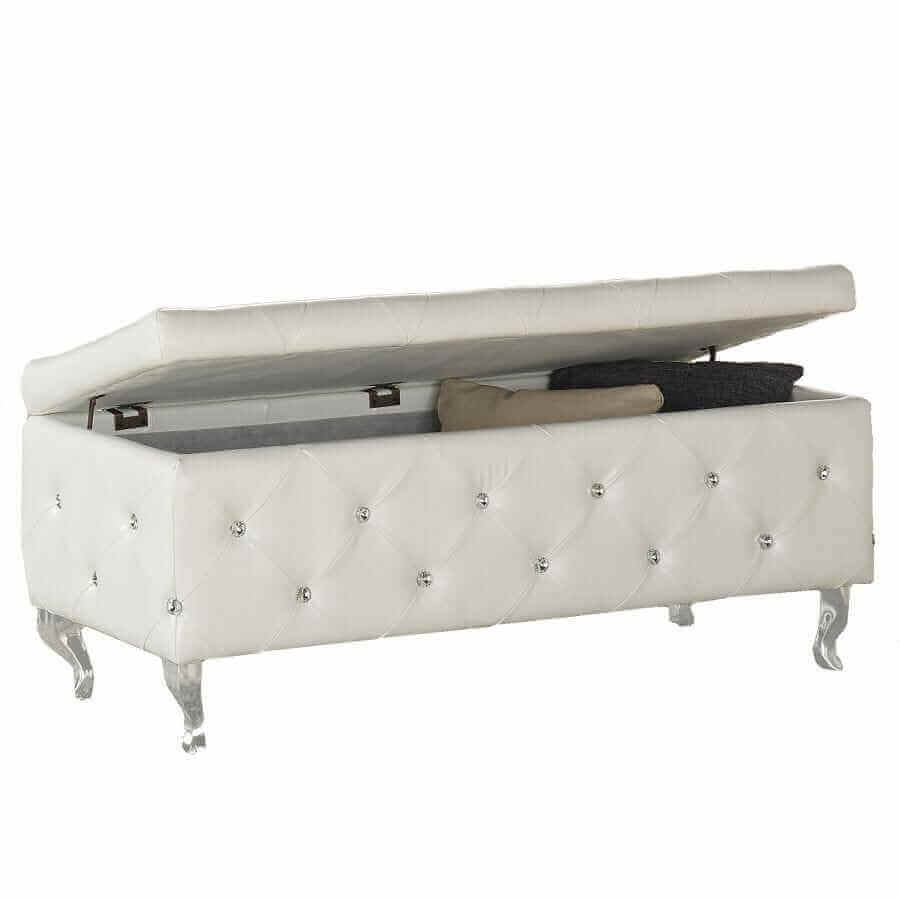 Monique Rectangular Storage Ottoman Bench in White and Chrome