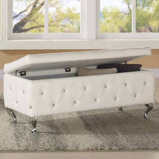 Monique Rectangular Storage Ottoman Bench in White and Chrome