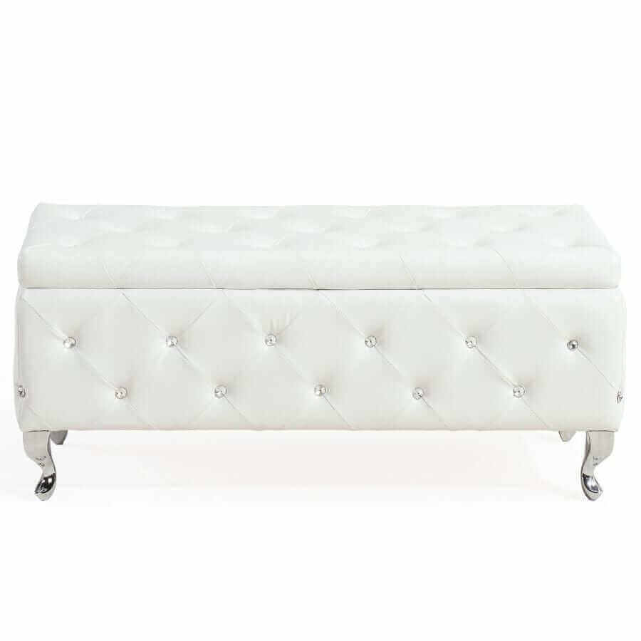 Monique Rectangular Storage Ottoman Bench in White and Chrome