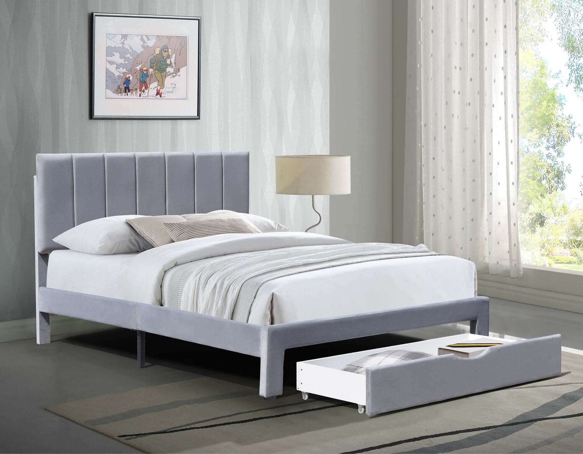 Miami Bed with Storage Drawer in Grey Velvet, White or Black PU