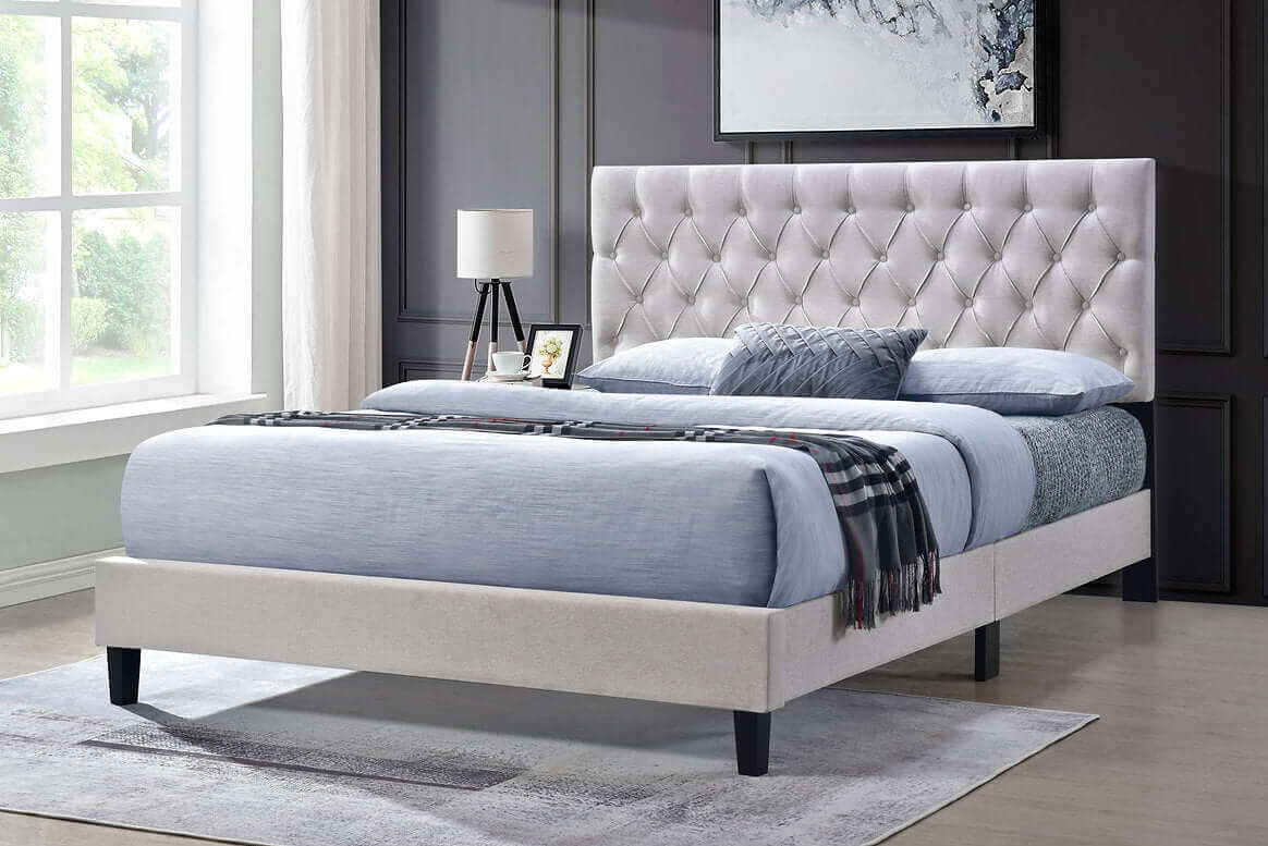 New York Queen Size Bed in Beige, Blue, Grey