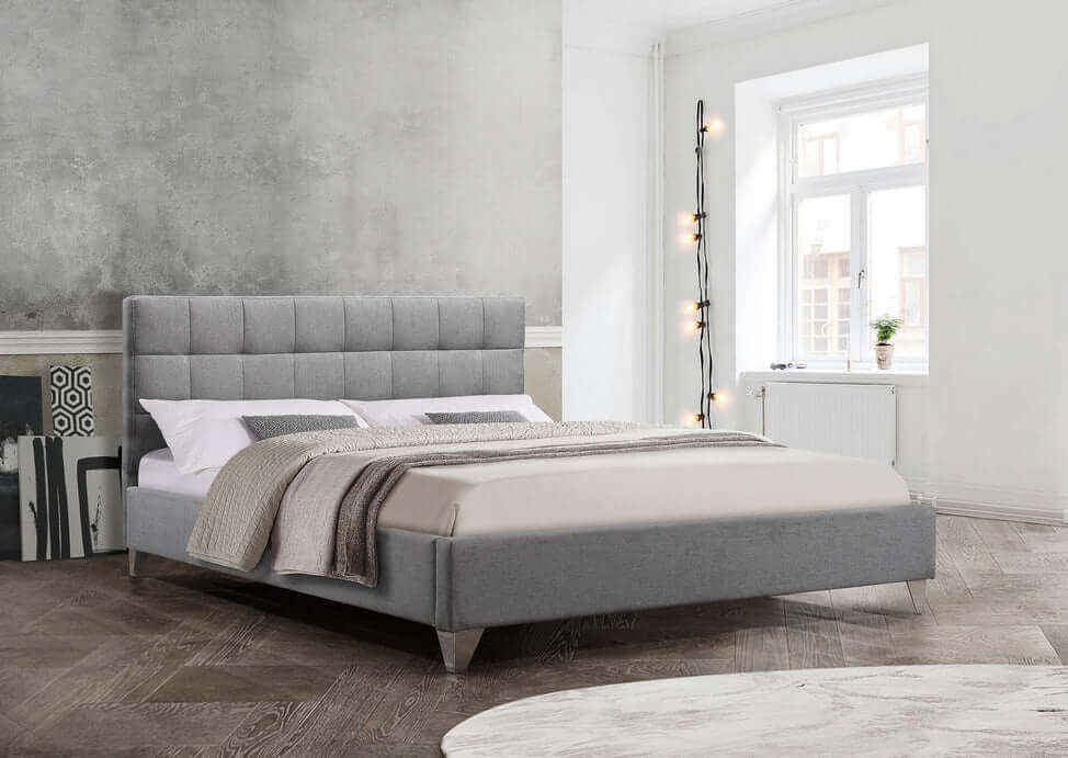 IF 5710 Grey Upholstered Bed with Chrome Legs