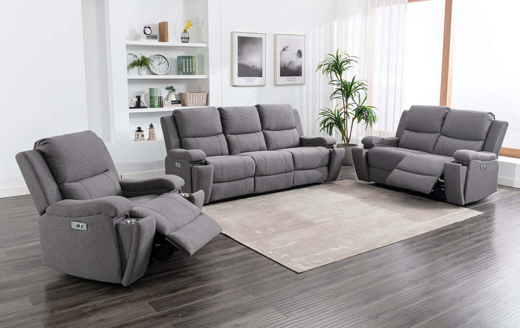 International Furniture Distribution Centre - Power Recliner Chair in a Soft Grey Fabric, 2 cup holders and USB. - IF 8030