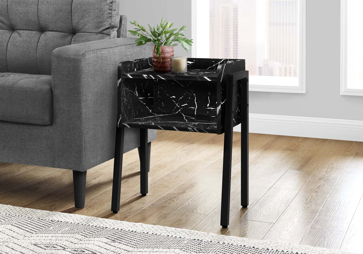 Monarch Specialties - Modern Nightstand in Black Marble Finish with Black Metal Frame - I 3590