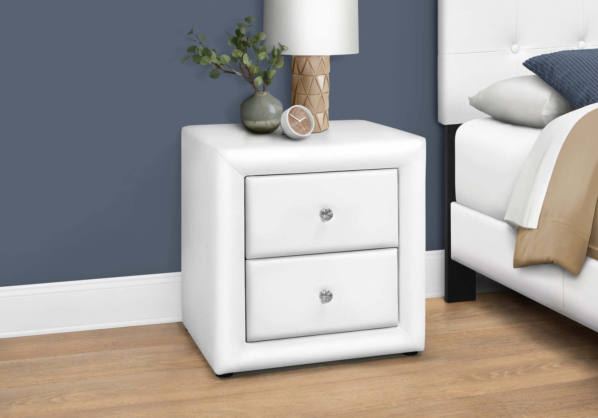 Monarch Specialties - Transitional Nightstand in White Leather-look Upholstery - I 5600
