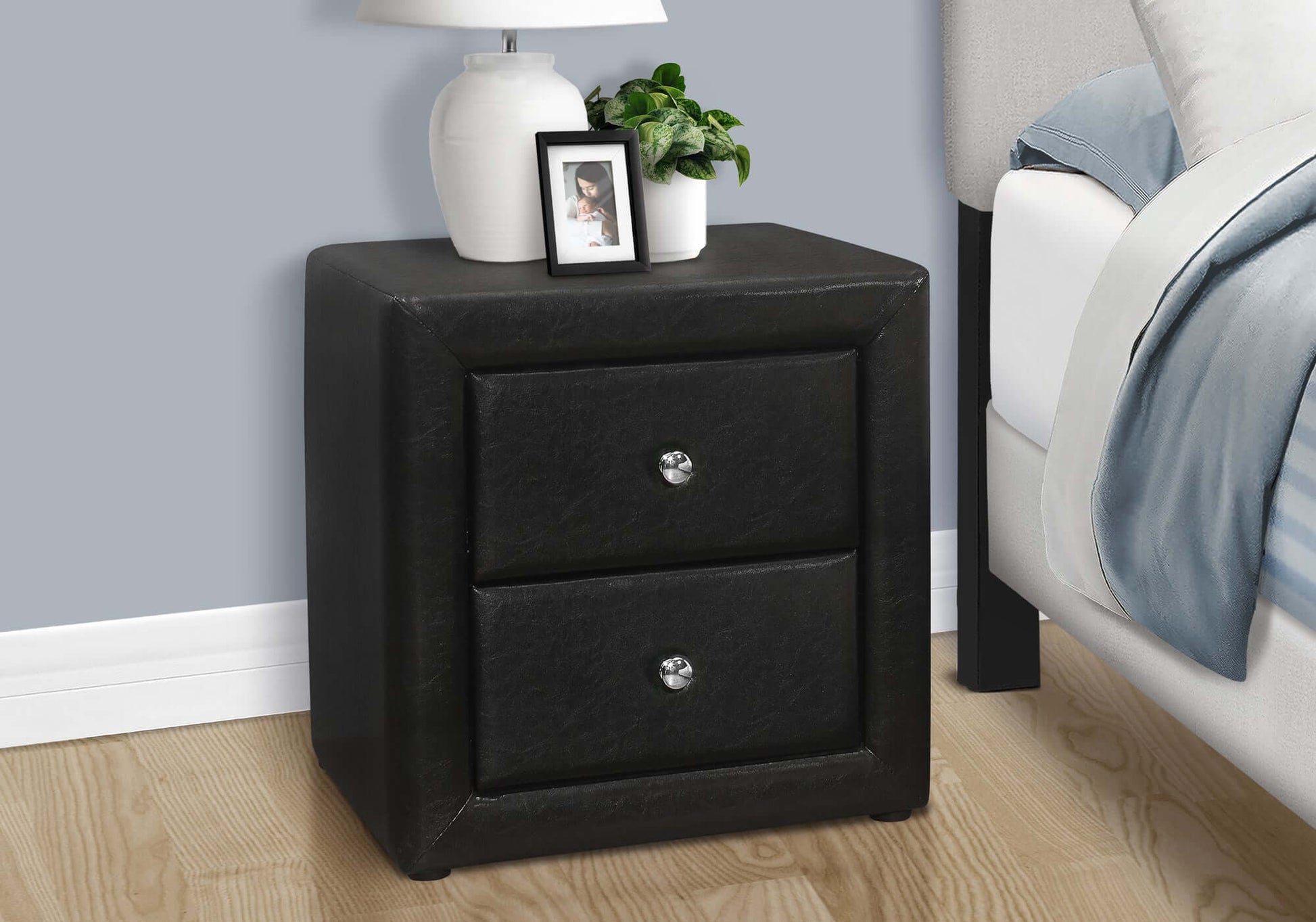 Monarch Specialties - Transitional Nightstand in Black Leather-look Upholstery - I 5603