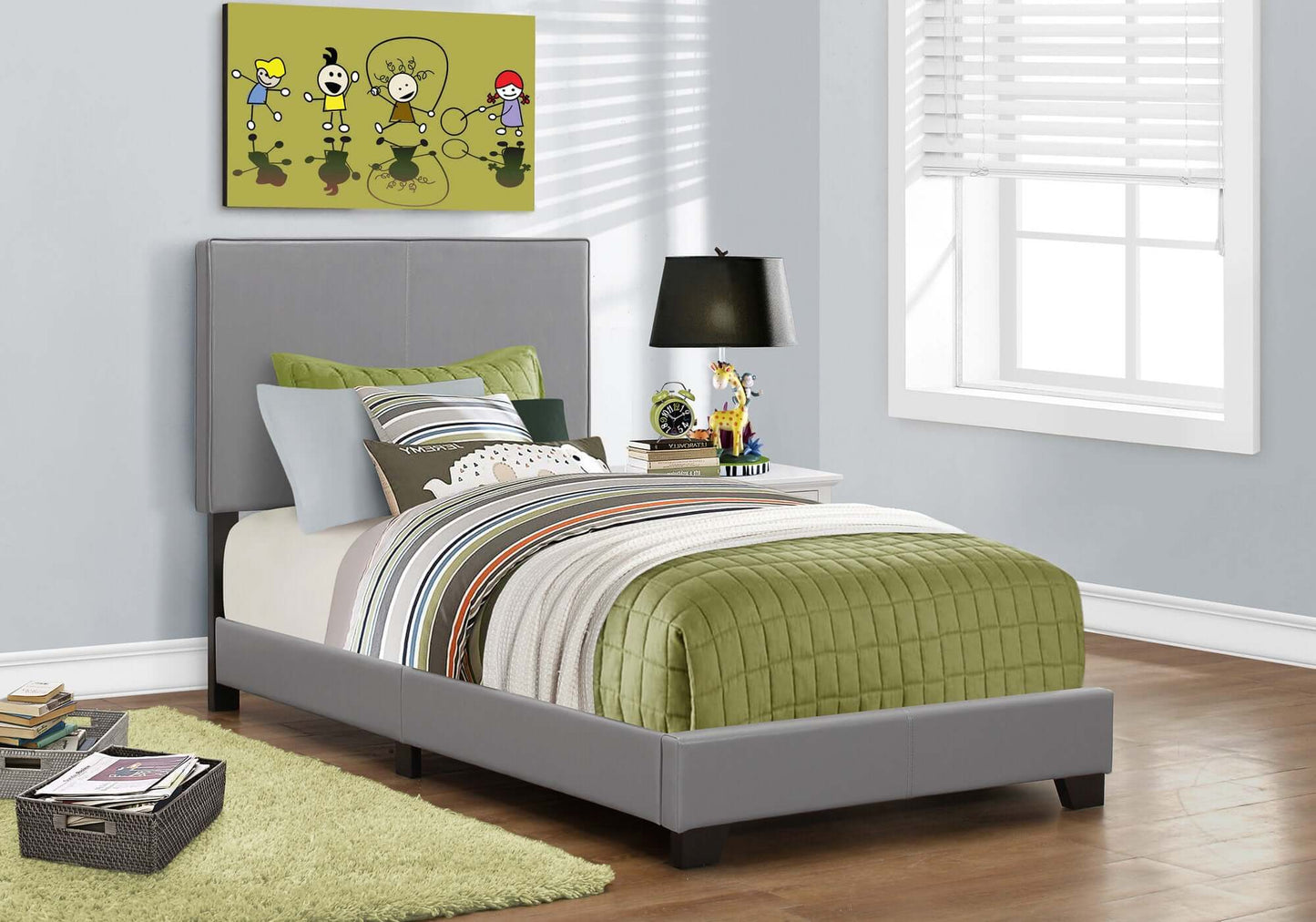 Monarch Specialties - Transitional Upholstered Twin Size Bed in Grey Leather-Look - I 5912T