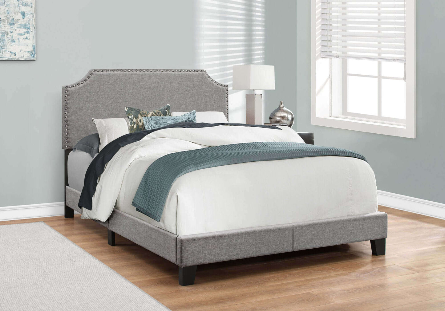 Bed – Full / Queen Size / Grey Linen with Chrome Trim