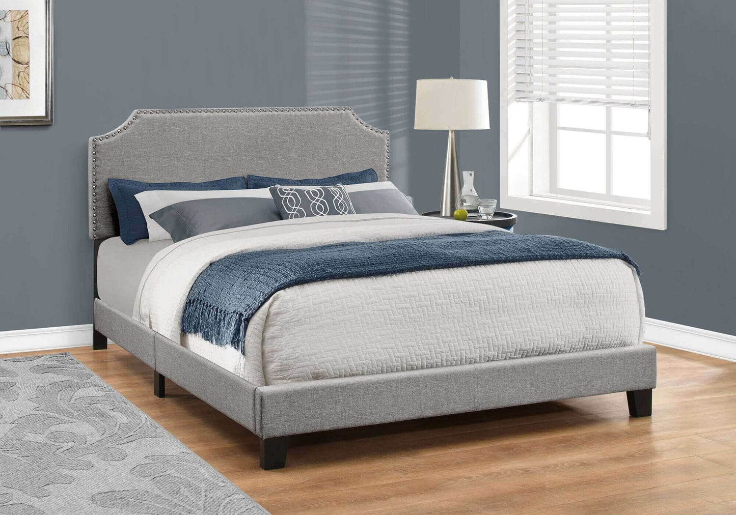 Bed – Full / Queen Size / Grey Linen with Chrome Trim