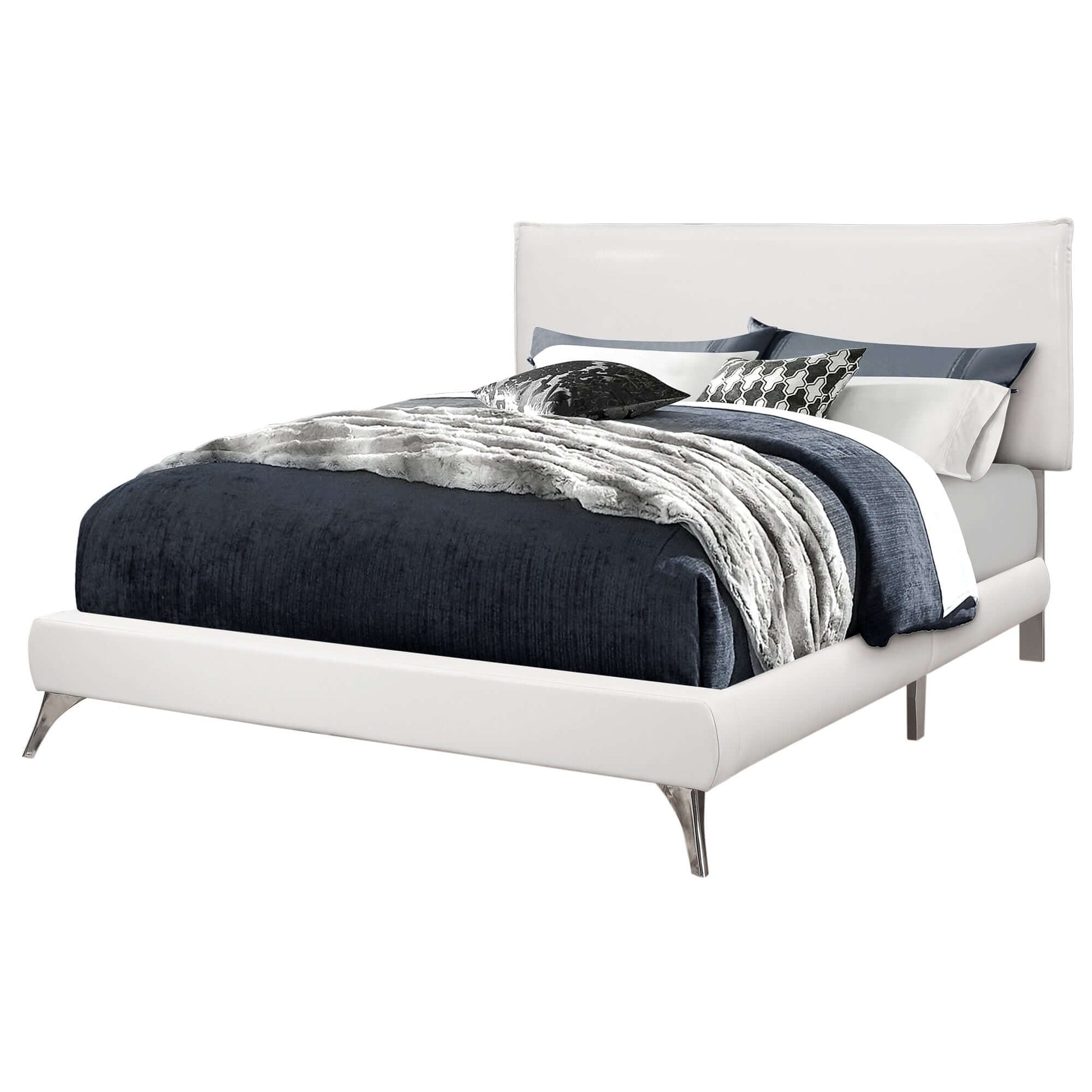 Monarch Specialties - Modern Upholstered Queen Size Bed in White Leather-look with Chrome Legs - I 5953Q