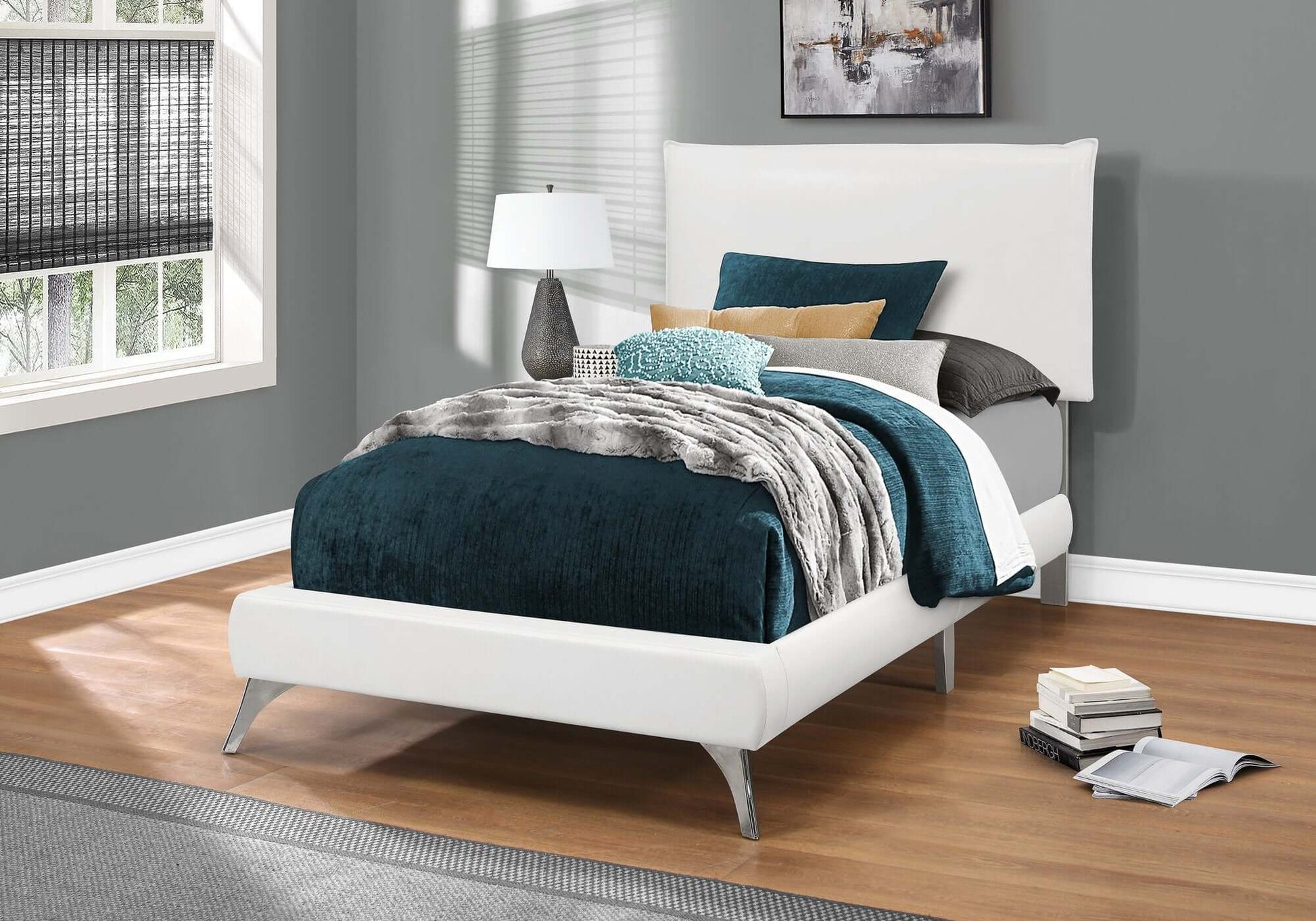 Monarch Specialties - Modern Upholstered Queen Size Bed in White Leather-look with Chrome Legs - I 5953T