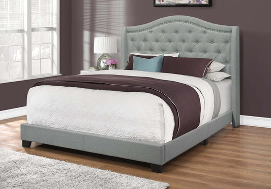 Monarch Specialties - Grey Linen Upholstered Bed with Chrome Trim - I 5966Q