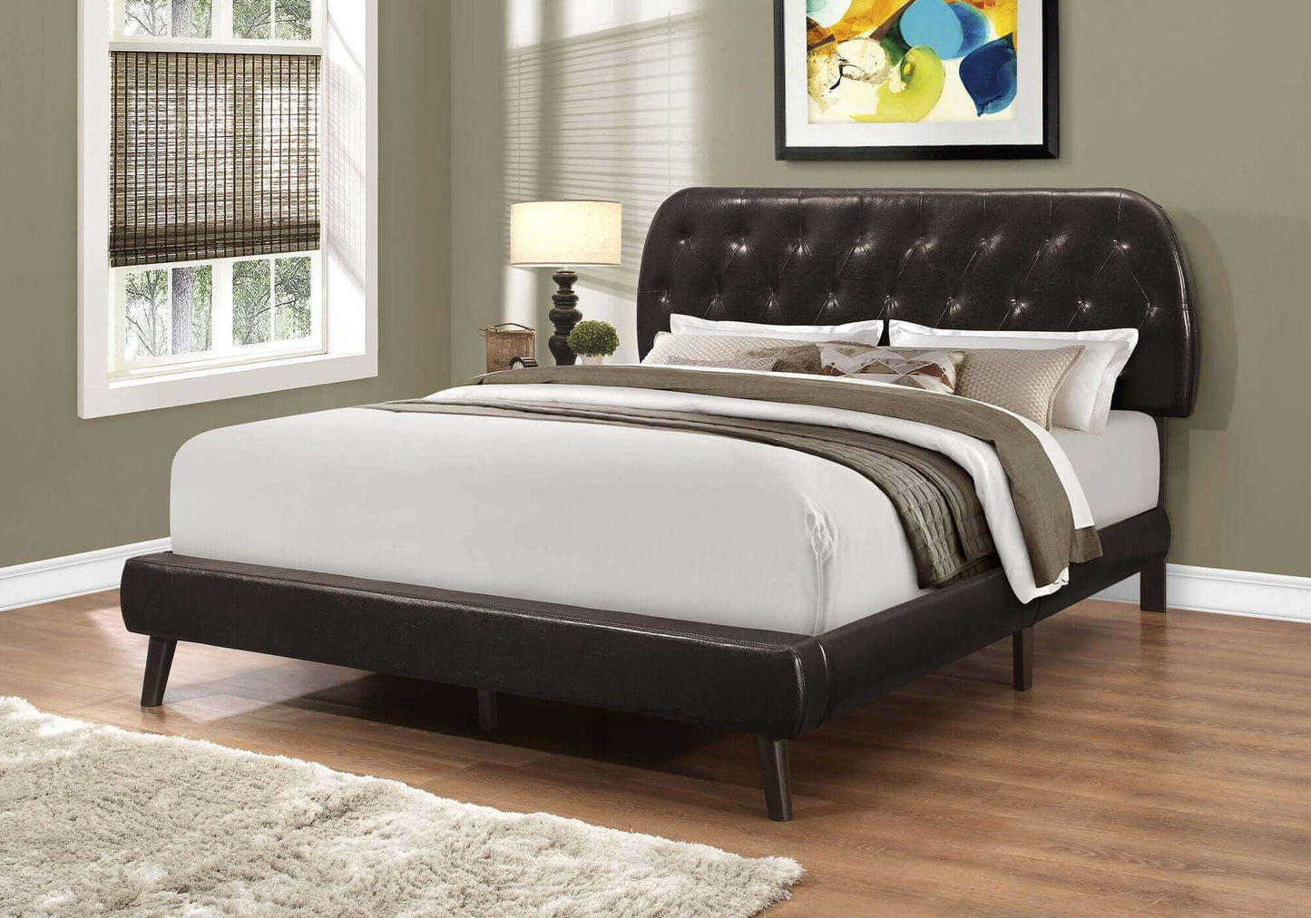 Bed - Twin / Queen Size / Brown Leather-Look with Wood Legs