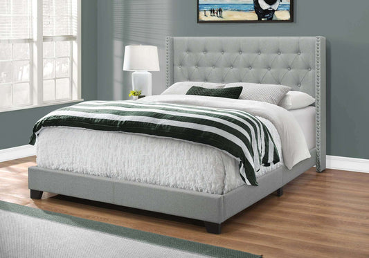 Bed – Twin / Queen Size / Grey Linen with Chrome Trim