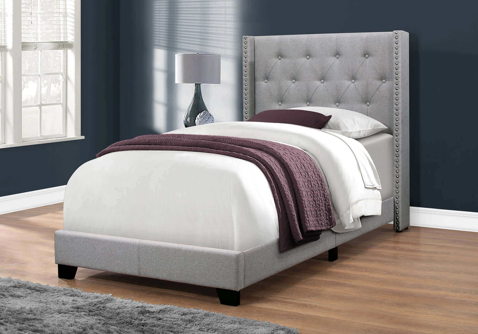 Bed – Twin / Queen Size / Grey Linen with Chrome Trim