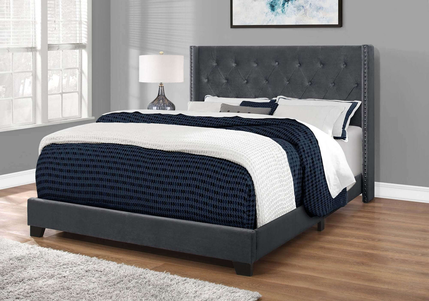 Bed – Twin / Queen Size / Dark Grey Velvet with Chrome Trim