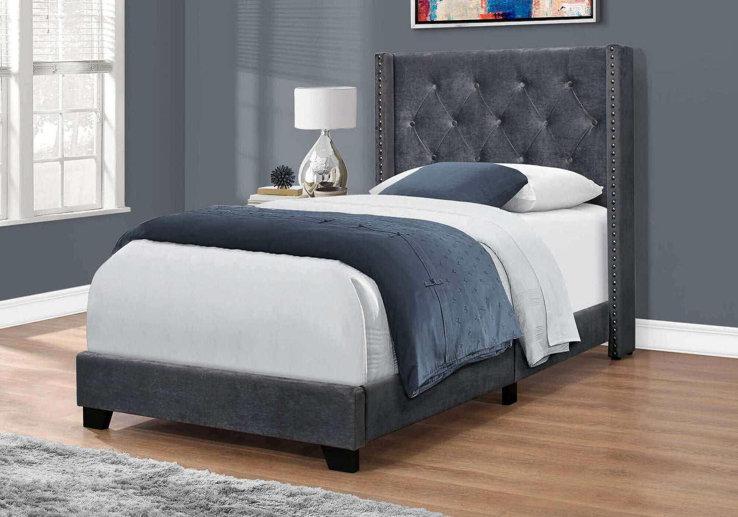 Bed – Twin / Queen Size / Dark Grey Velvet with Chrome Trim