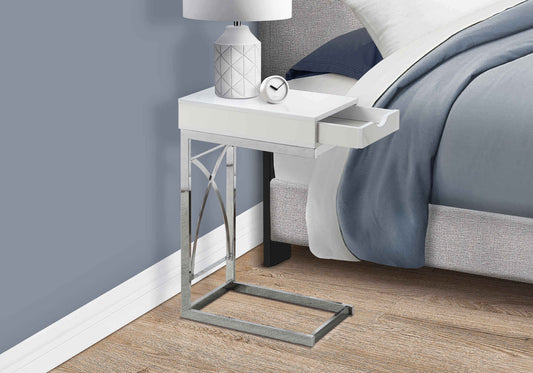 Accent Table - Chrome Metal / Glossy White with A Drawer