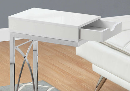 Accent Table - Chrome Metal / Glossy White with A Drawer