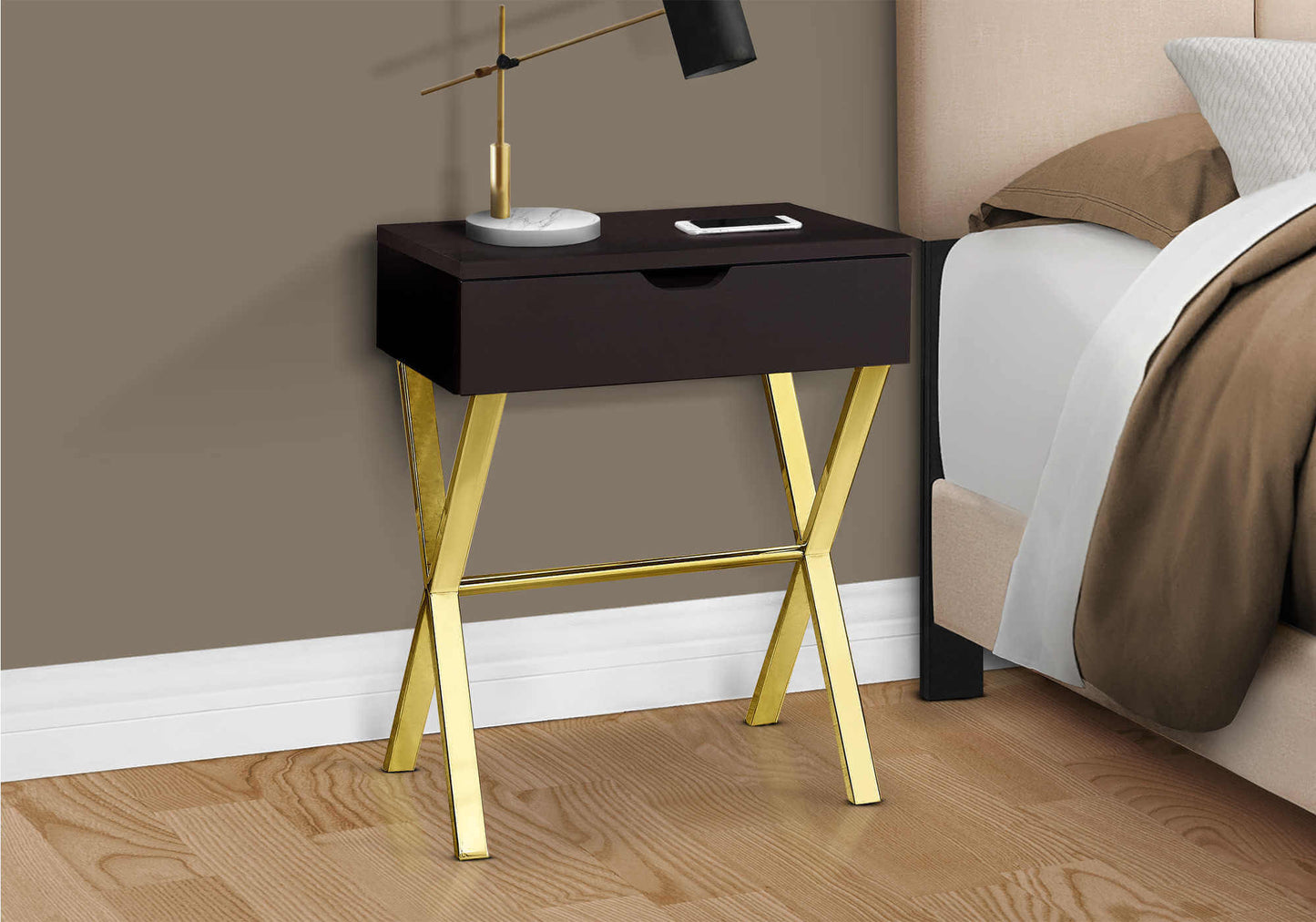 Nightstand - 24"H / Espresso / Gold Metal