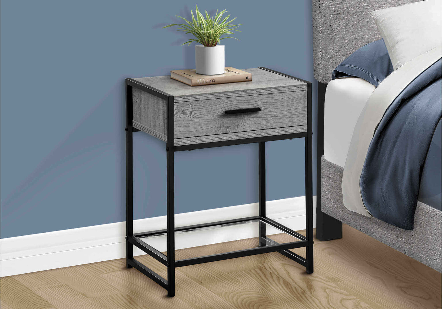 Nightstand - 22"H / Grey / Black Metal / Tempered Glass