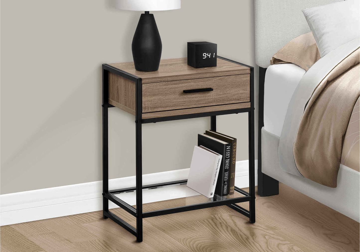 Nightstand - 22"H / Dark Taupe / Black / Tempered Glass