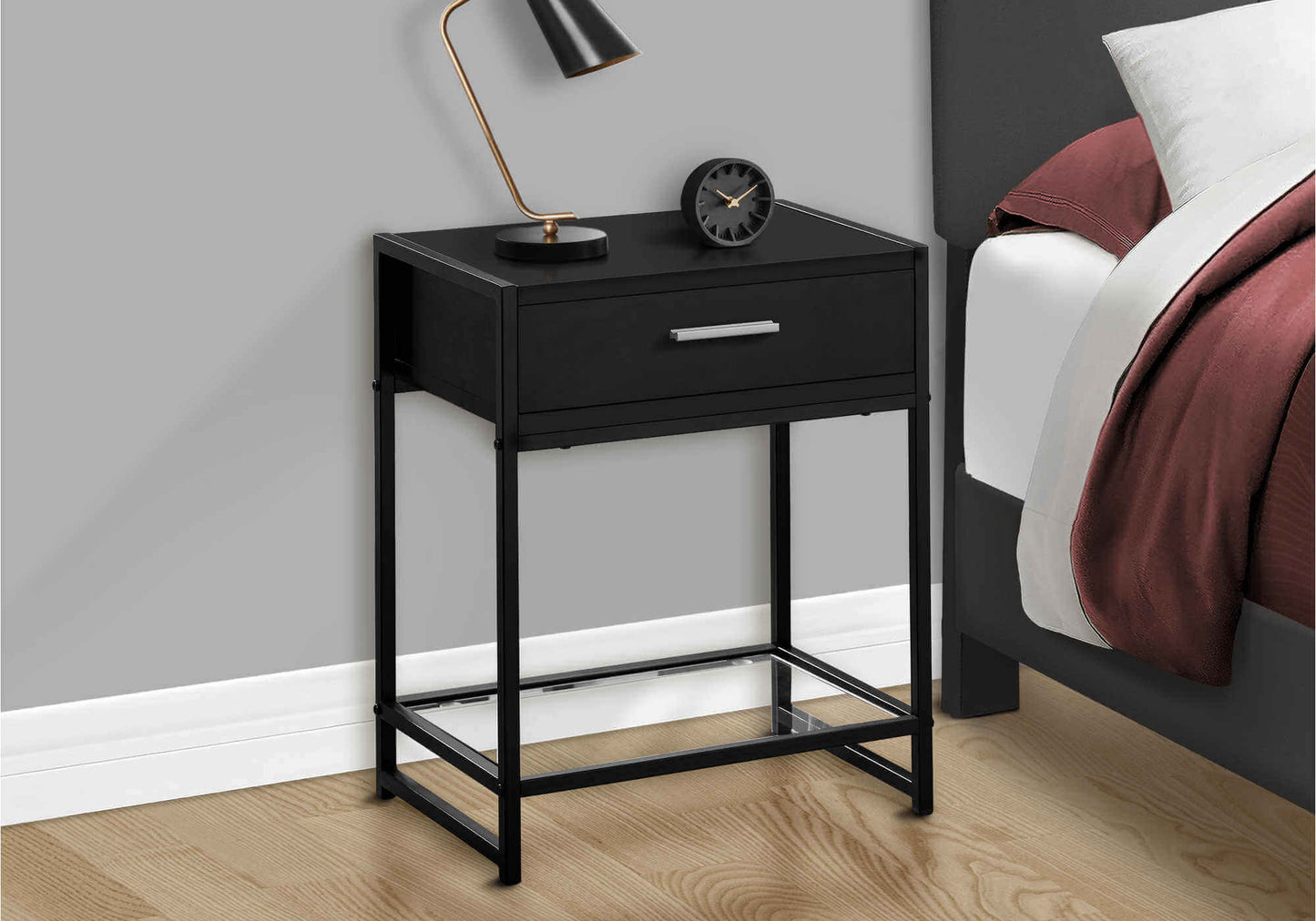 Nightstand - 22"H / Black / Black Metal/ Tempered Glass