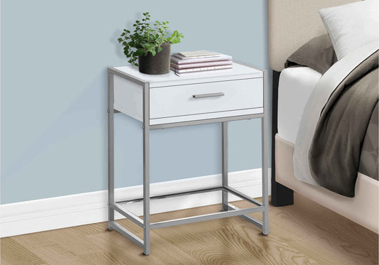 Nightstand - 22"H / White/ Silver Metal/ Tempered Glass