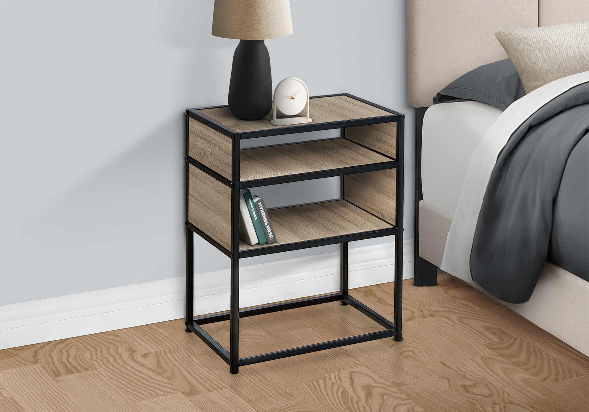 Monarch Specialties - Modern 3-Teir MDF Rubberwood Nightstand with Metal Frame & Open Shelves - I 3507