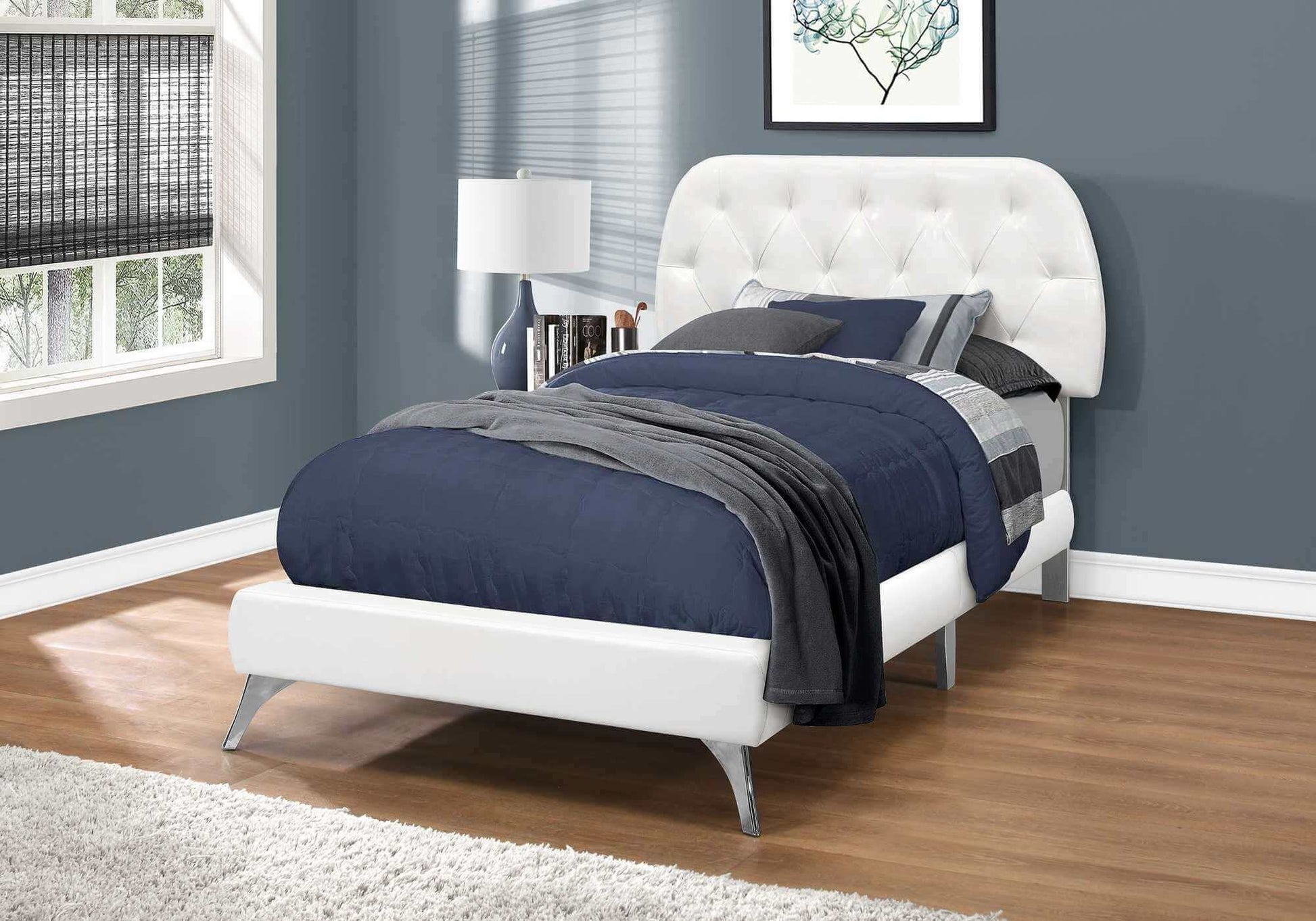 Bed - Twin Size / White Leather-Look with Chrome Legs