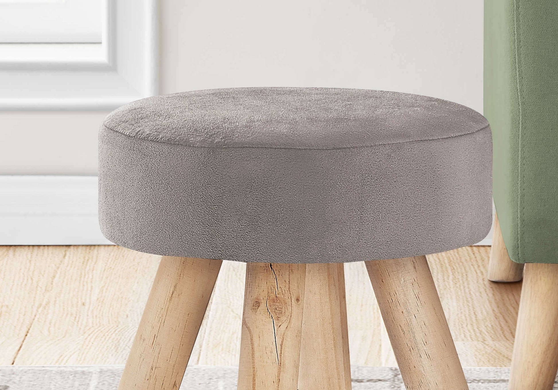 Monarch Specialties - 12" Round Velvet Bedroom Ottoman with Solid Natural Wood Legs - I 9007