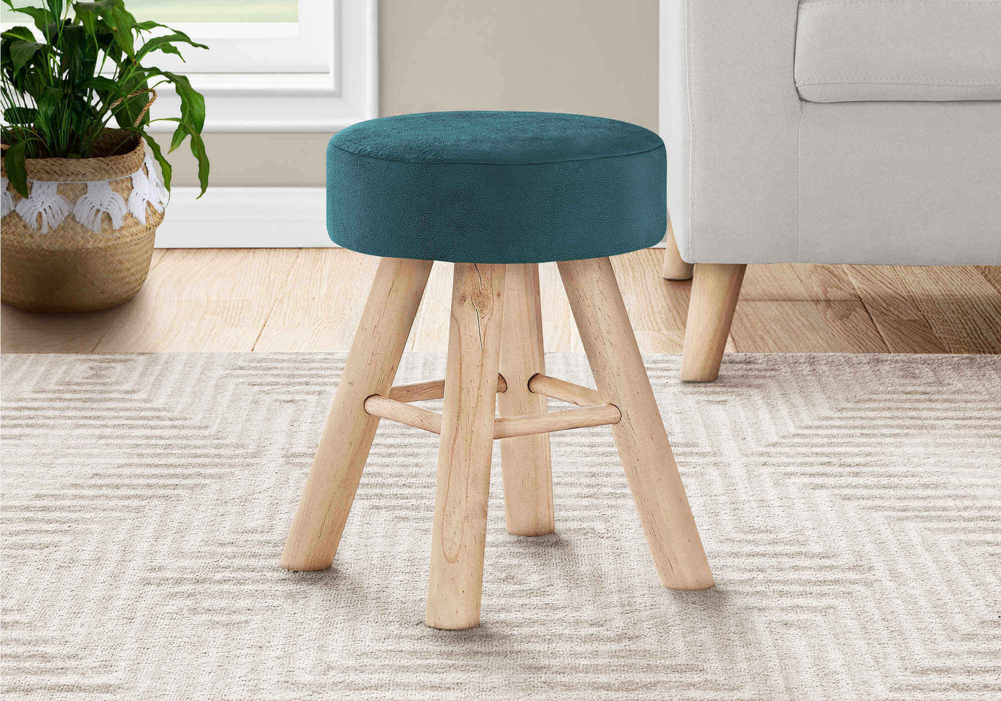 Ottoman - Turquoise Velvet / Natural Wood Legs