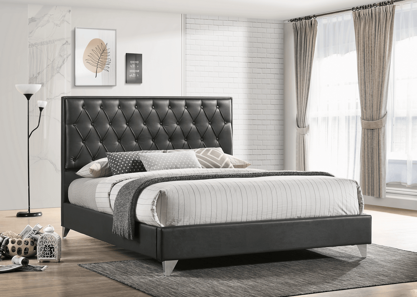 IF 5226 Grey PU Bed with Diamond Pattern Button Details