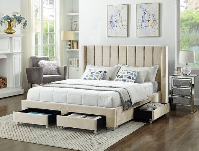 Modern Velvet Upholstered Storage Bed Frame with Wing Headboard