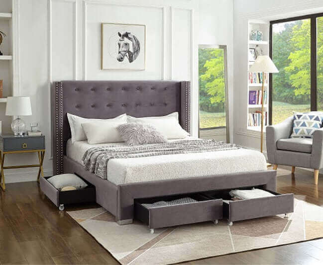 IF 5320 Grey Velvet Fabric Wing Bed