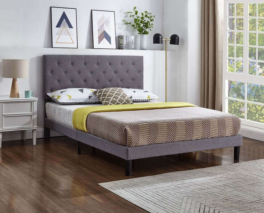 IF 5383 Grey Fabric Bed with Button Tufting