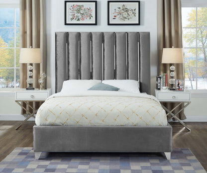 Modern Velvet Bed Frame with Chrome Channel Design in Headboard