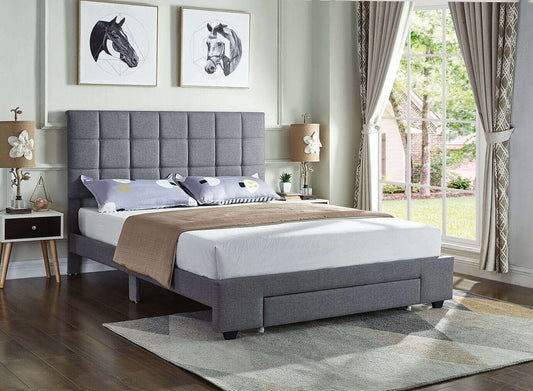 IF 5493 Grey Fabric Bed with a Square Pattern Tufted Headboard