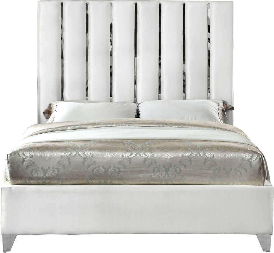 IF 5622 White Velvet Bed with Chrome Channel Design