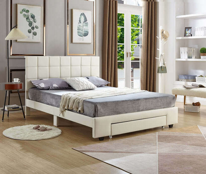 International Furniture Distribution Centre - White PU Bed with a Square Pattern Tufted Headboard and Storage Drawer - IF 5492 - D