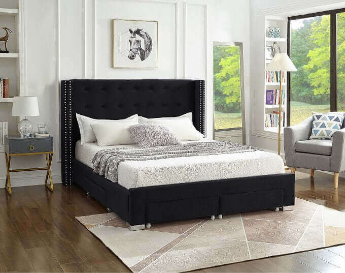 International Furniture Distribution Centre - Black Velvet Fabric Wing Bed with Nailhead Details and Chrome Legs - IF 5323 - Q