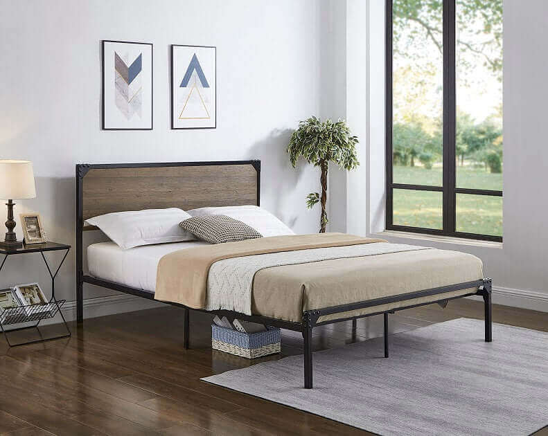 International Furniture Distribution Centre - Wood Panel Bed with a Black Steel Frame - IF 5220 - S