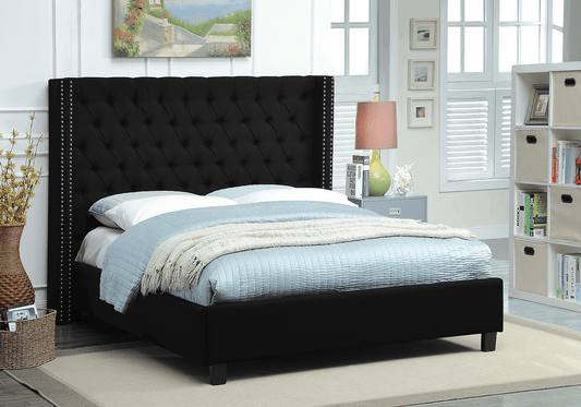 Modern Fabric Wing Bed with Deep Button Tufting and Nailhead Details