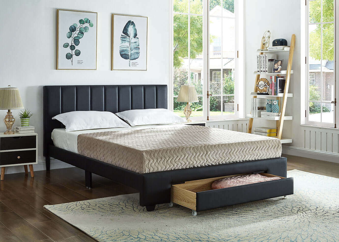 IF 5480 Black PU Bed with Padded Headboard and Storage Drawer