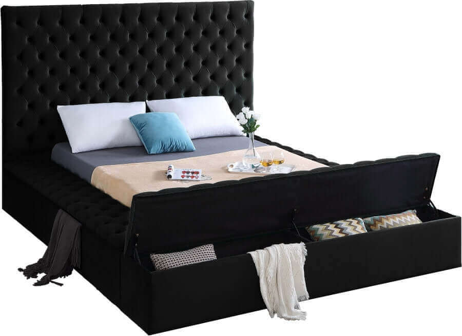 International Furniture Distribution Centre - Black Velvet Storage Bed Featuring Deep Tufting & 3 Storage Benches - IF 5793 - Q